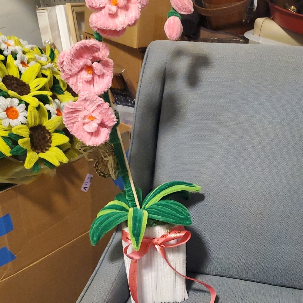 SOLD.   2 Pieace (Each)  Pink Floral Arrangement in White Vase